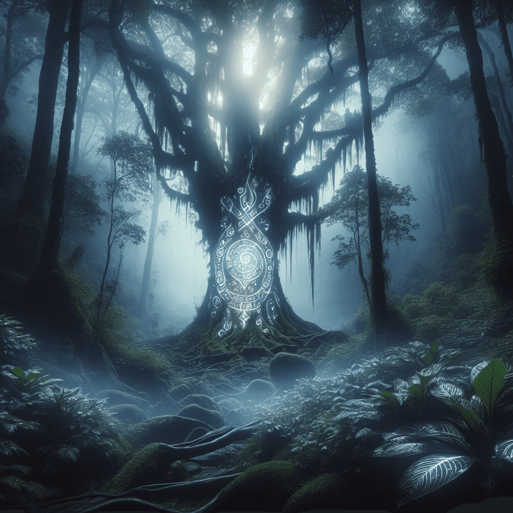an ancient tree with glowing runes carved into its bark, in the middle of a misty forest, fantasy
