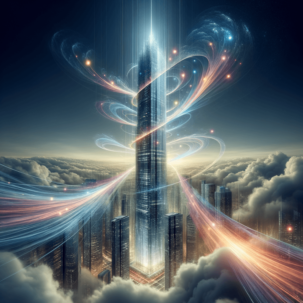 a futuristic tower made of glass and light, reaching into the clouds, digital art