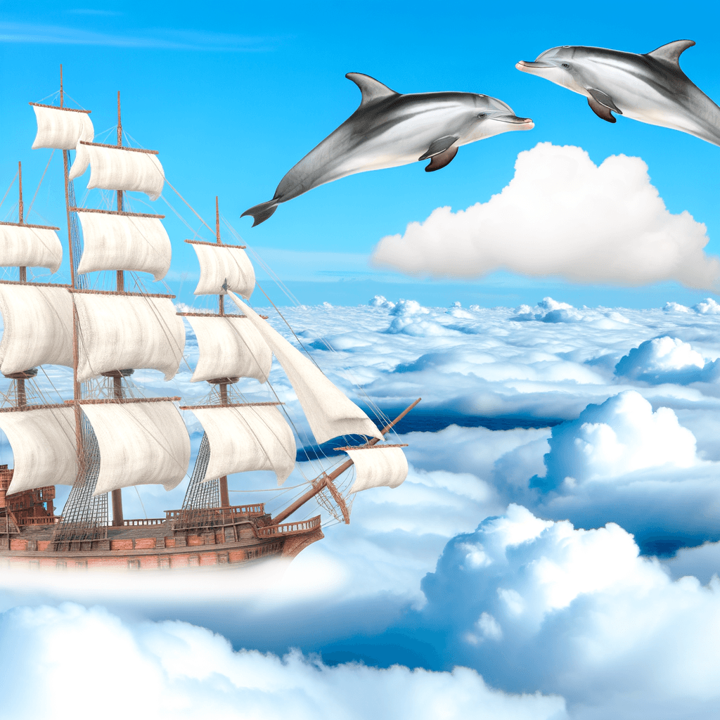 a pirate ship sailing through a sea of clouds, with dolphins flying alongside, digital art
