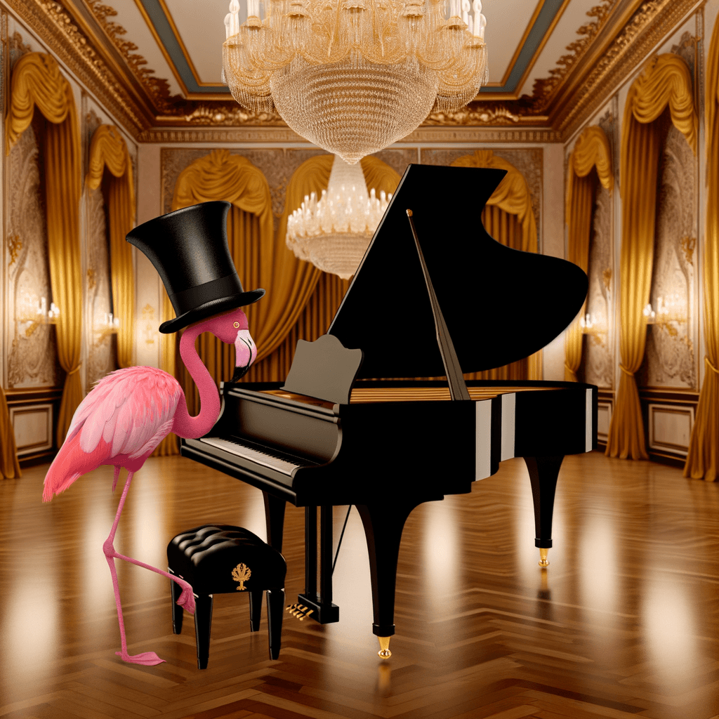 a flamingo in a top hat, playing piano in a luxurious ballroom, digital art