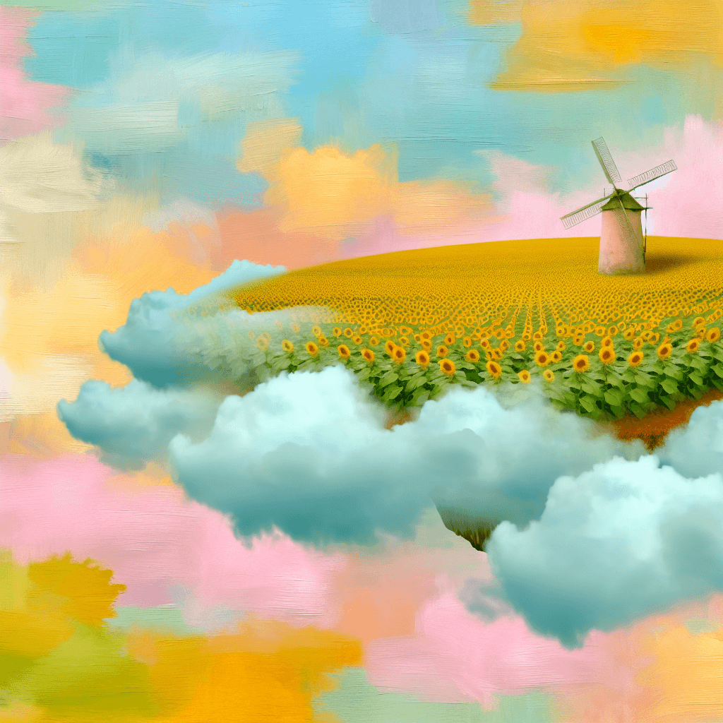 a floating island with a windmill and a field of sunflowers, pastel colors