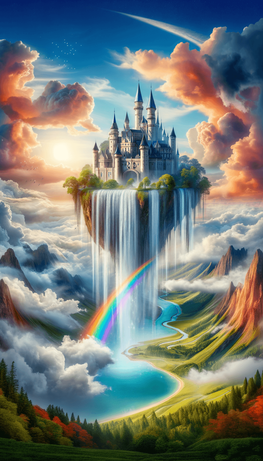 floating castle with waterfalls and rainbow, vibrant colours