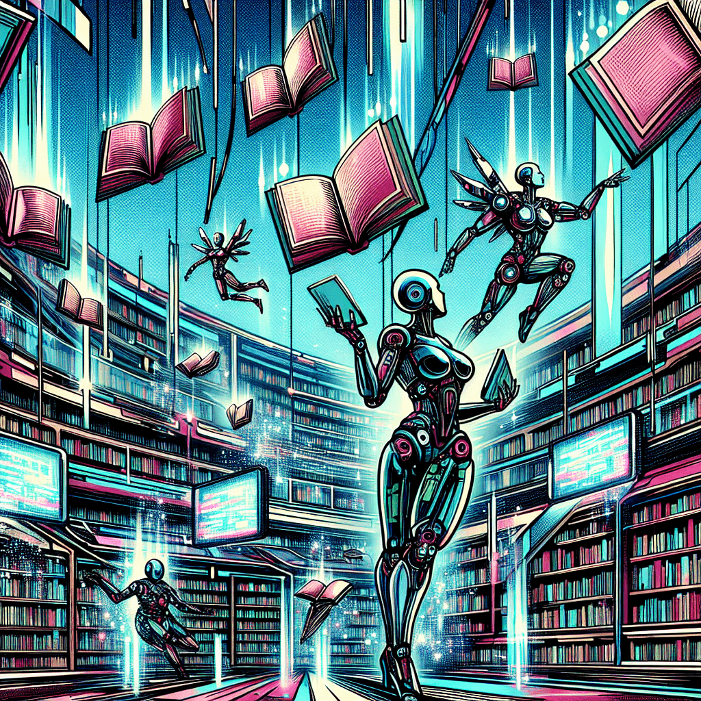 a futuristic library filled with holographic books and robotic librarians, digital art