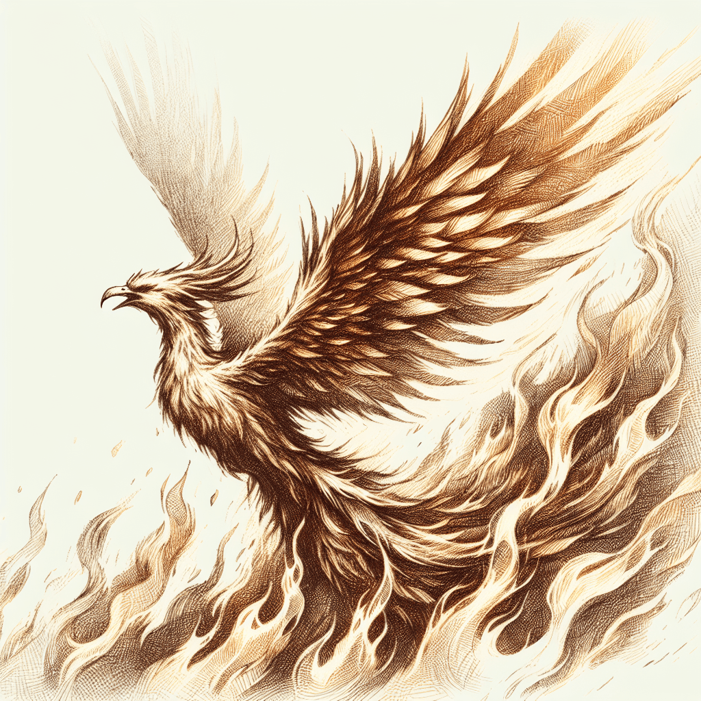 a phoenix rising from the flames, with feathers made of molten gold, digital art