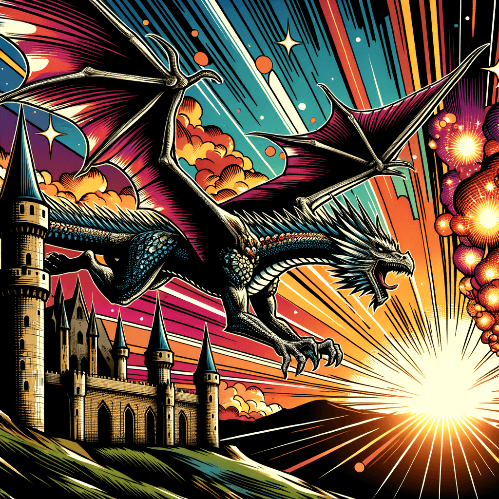 a dragon flying over a castle during a vibrant sunset