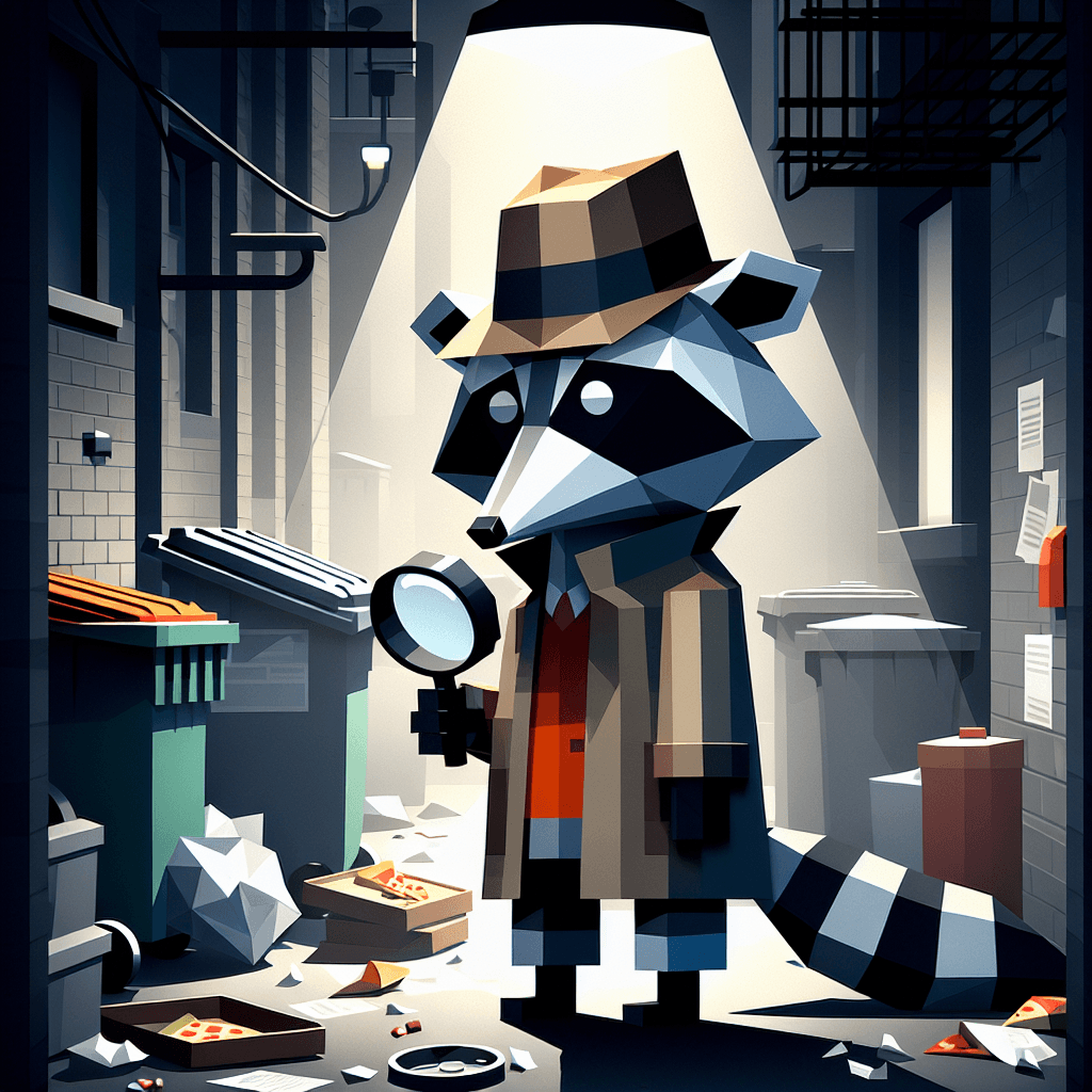 a raccoon detective investigating a mystery in a trash-filled alley