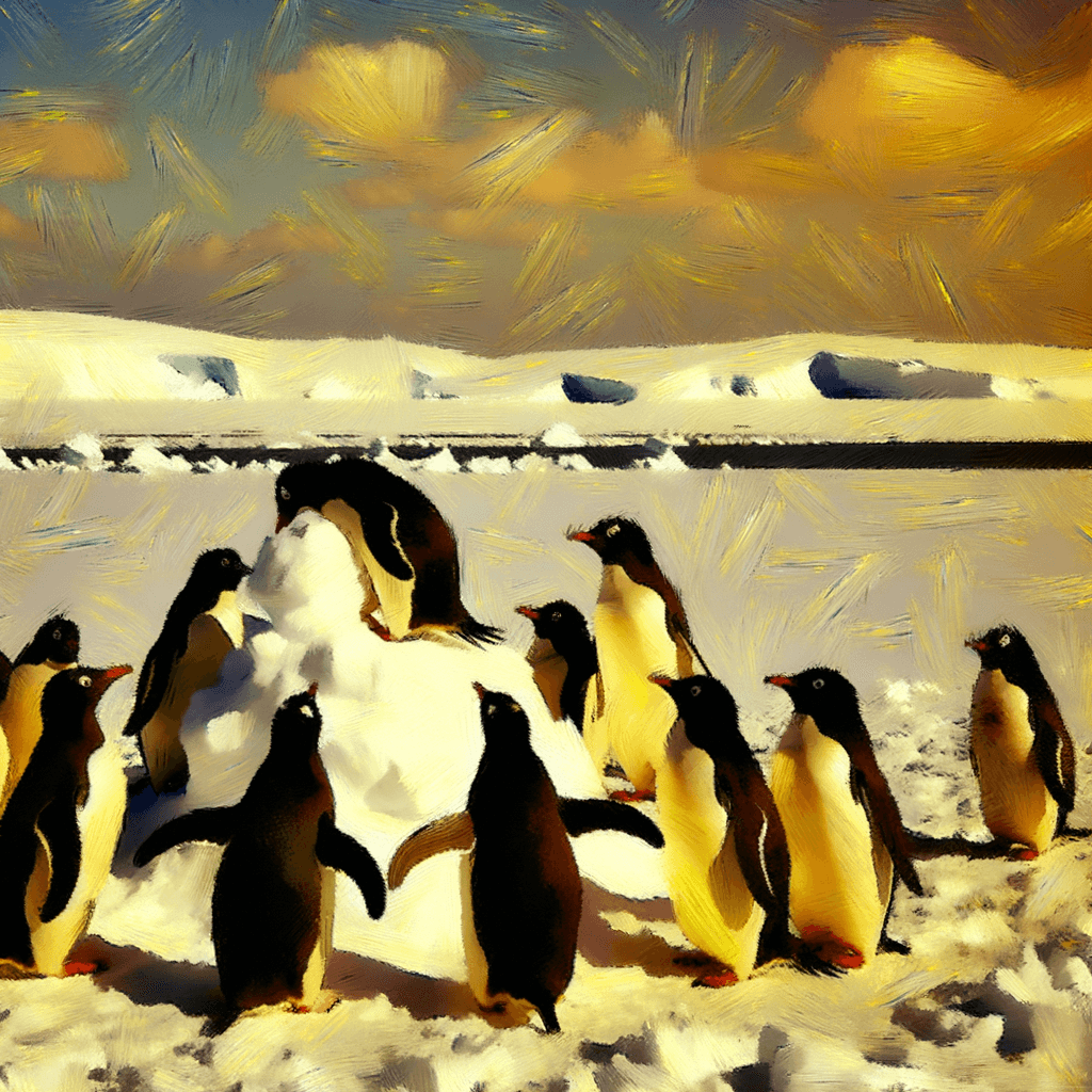 a group of penguins building a snowman in the middle of the Antarctic