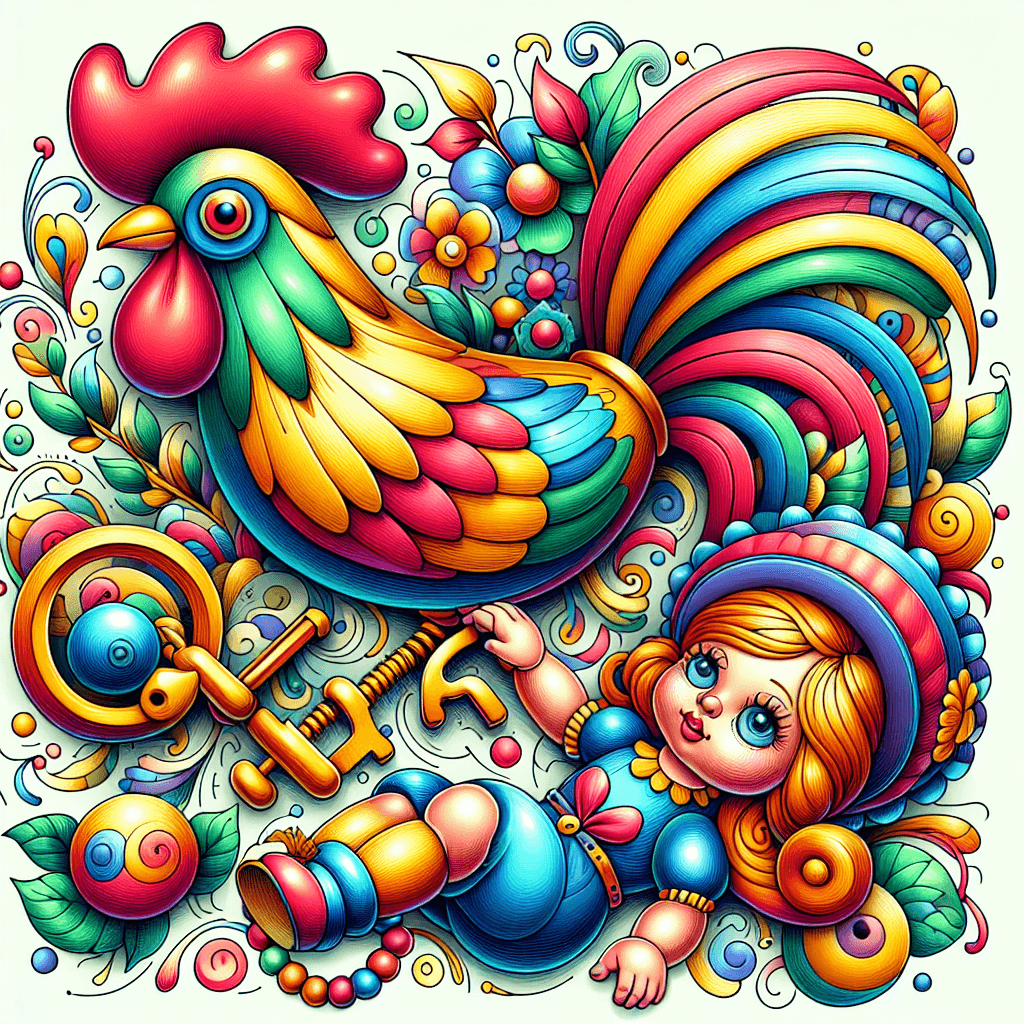 a doll on its back with a key that winds it up and a cartoon cockerel