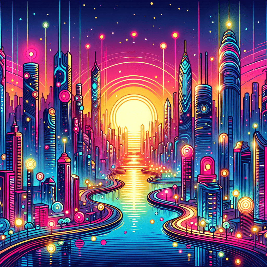 a futuristic cityscape at dusk, with vibrant neon lights reflecting on water