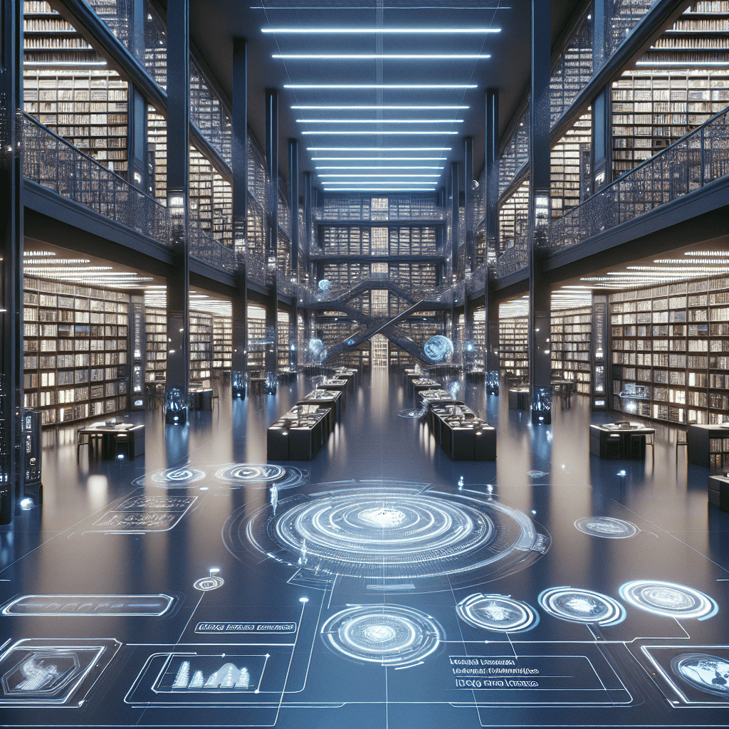 Create an image styled to match the futuristic, AI-enhanced library environment shown in the artwork