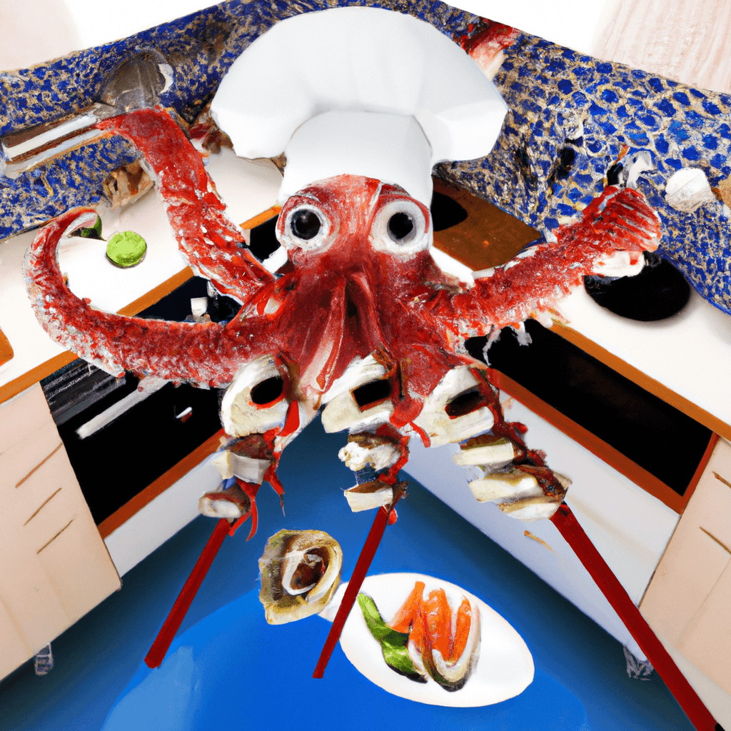 an alien octopus making sushi in a modern kitchen