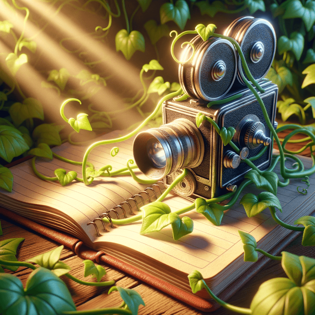 A small film camera with playful vines growing around it, projecting a mini movie onto a notebook, sunlight filtering through, illustrated storybook style