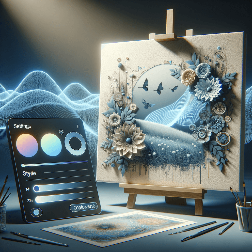 A digital canvas where paintings automatically appear in various styles. Next to it — a settings panel (style, colors) highlighted with soft blue AI waves. Gentle 3D render in pastel tones. Overall look in dark theme (not too dark), providing a sleek contrast.
