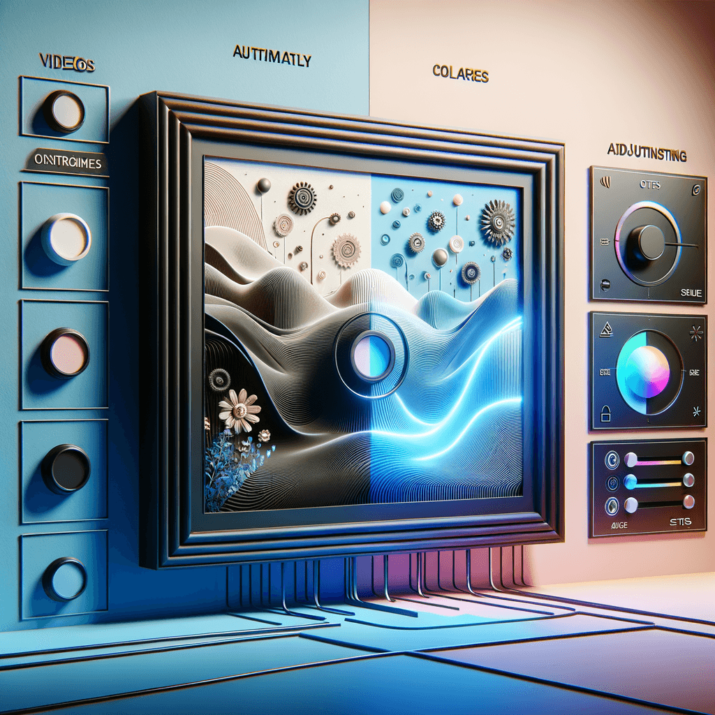 A digital canvas where video automatically appear in various styles. Next to it — a settings panel (style, colors) highlighted with soft blue AI waves. Gentle 3D render in pastel tones. Overall look in dark theme (not too dark), providing a sleek contrast.