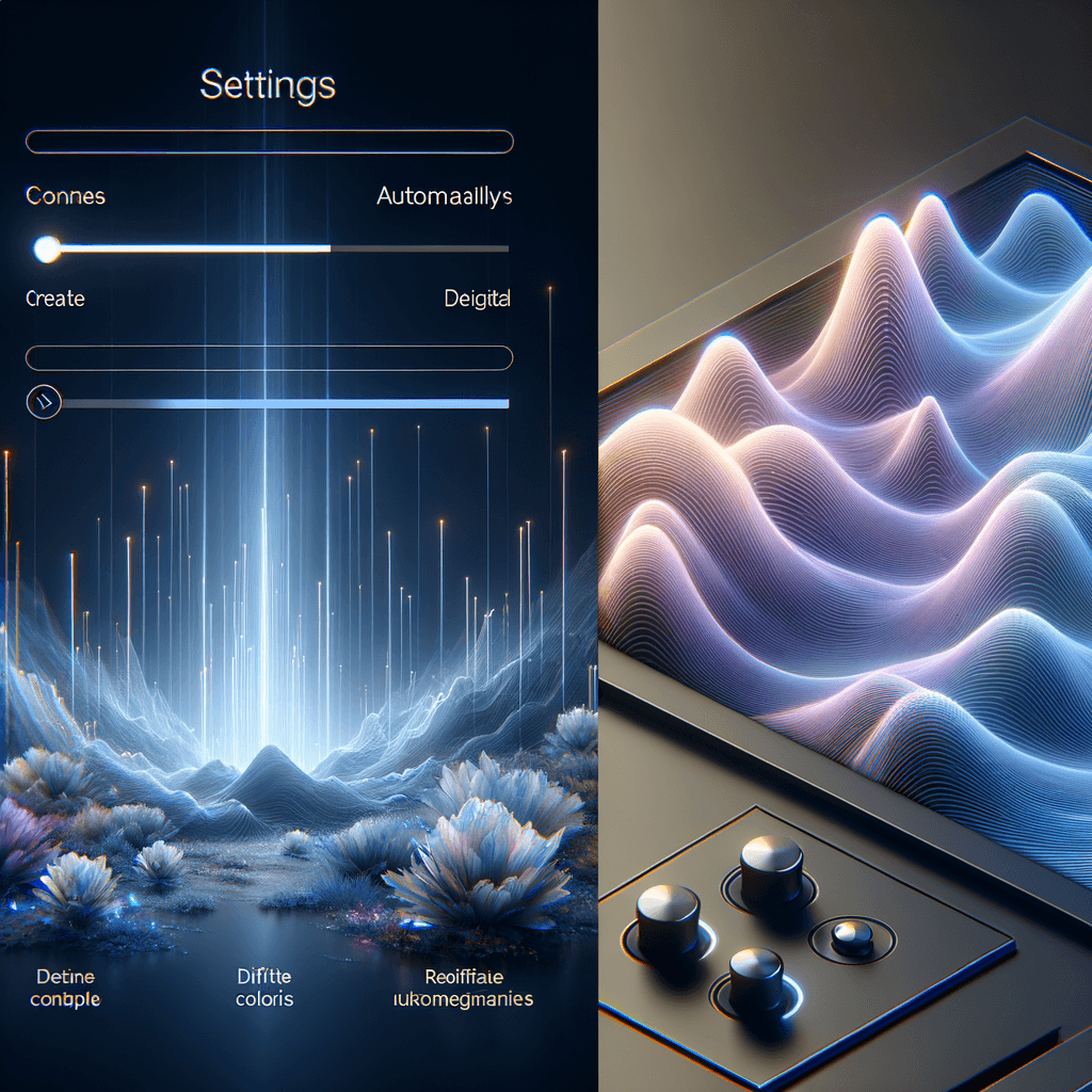 A digital canvas where video automatically appear in various styles. Next to it — a settings panel (without text) highlighted with soft blue AI waves. Gentle 3D render in pastel tones. Overall look in dark theme (not too dark), providing a sleek contrast.