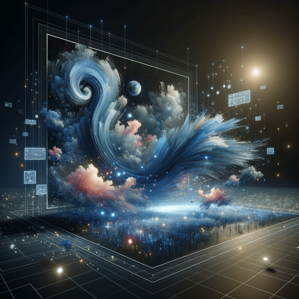 Abstract digital canvas floating in space, glowing blue waves forming brush strokes, soft pastel shapes emerge from the surface, UI panel fragments orbit nearby, dark background with elegant lighting