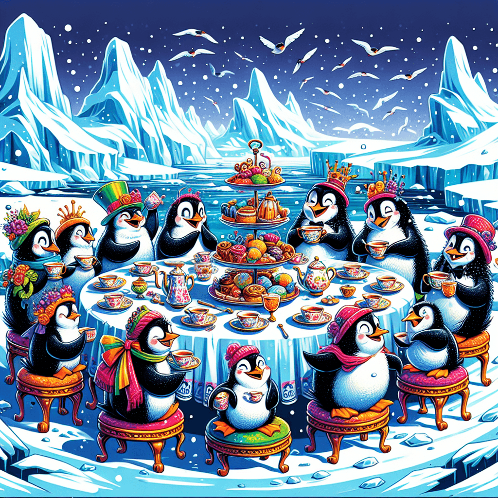 a group of penguins having a tea party in the Antarctic
