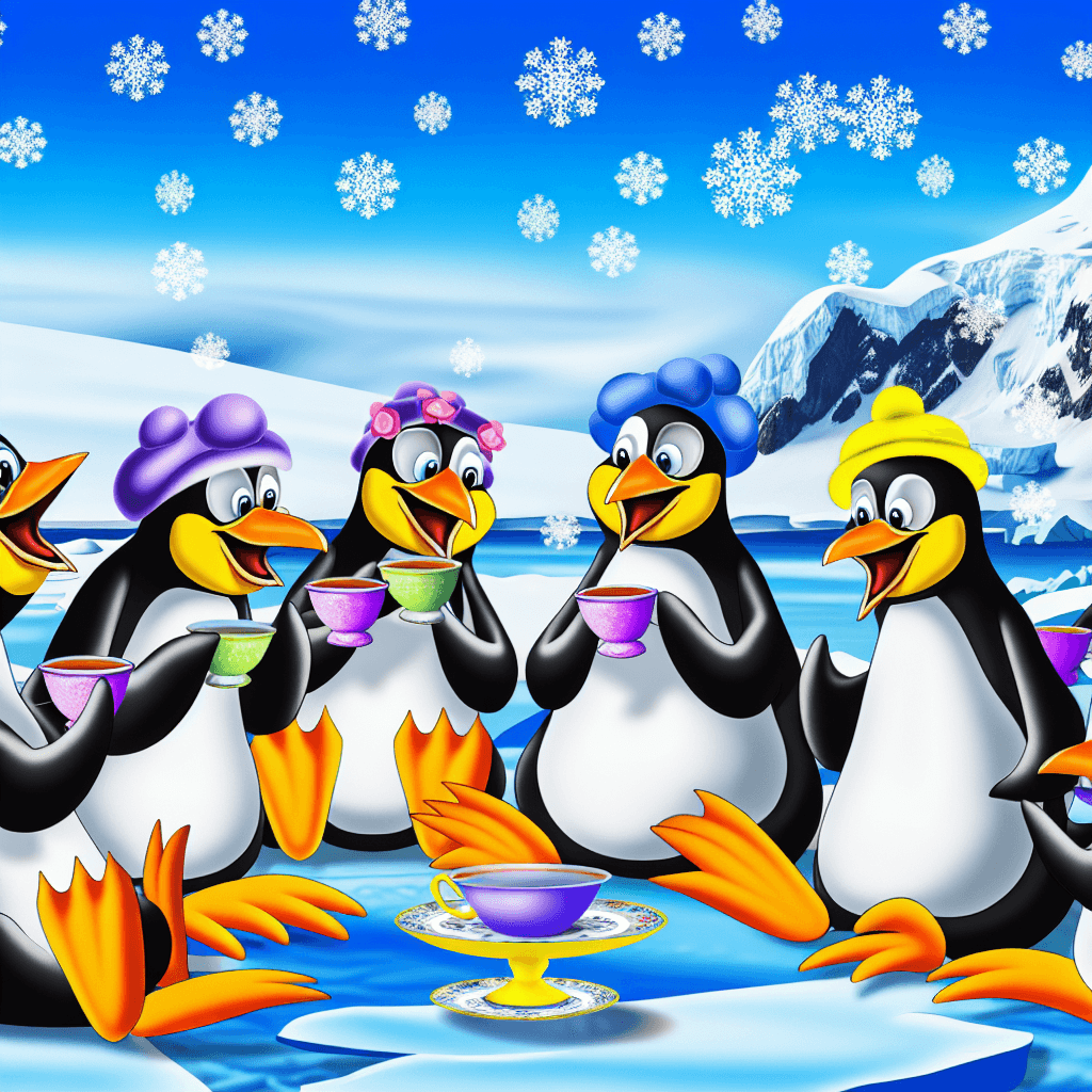 a group of penguins having a tea party in the Antarctic