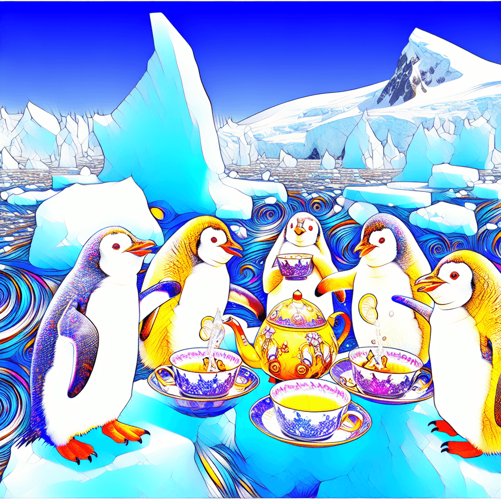 a group of penguins having a tea party in the Antarctic